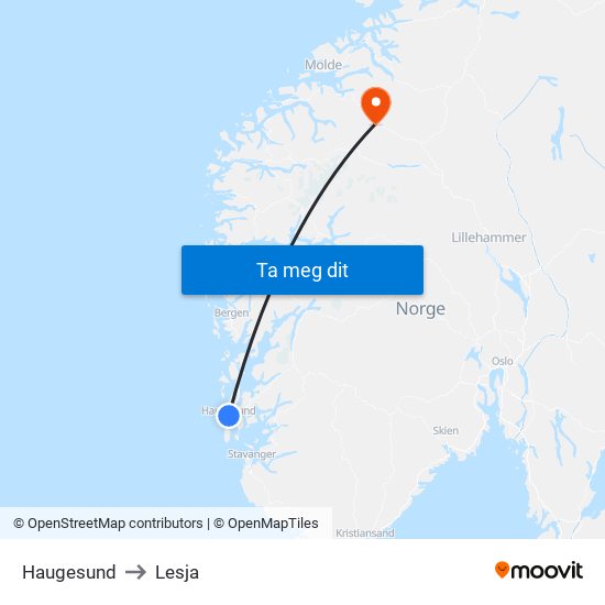 Haugesund to Lesja map