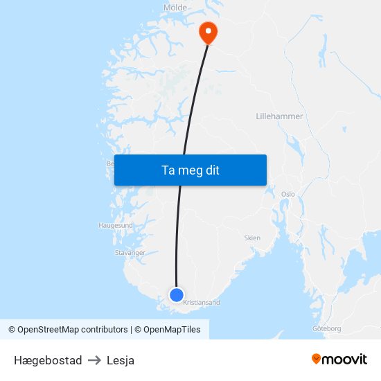 Hægebostad to Lesja map