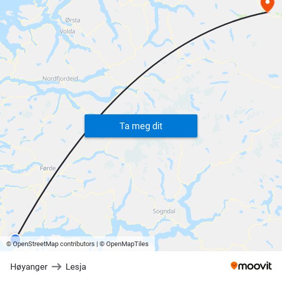 Høyanger to Lesja map