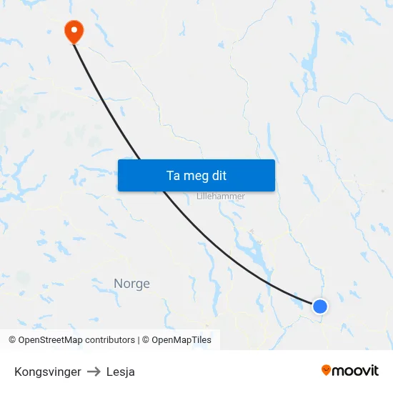 Kongsvinger to Lesja map