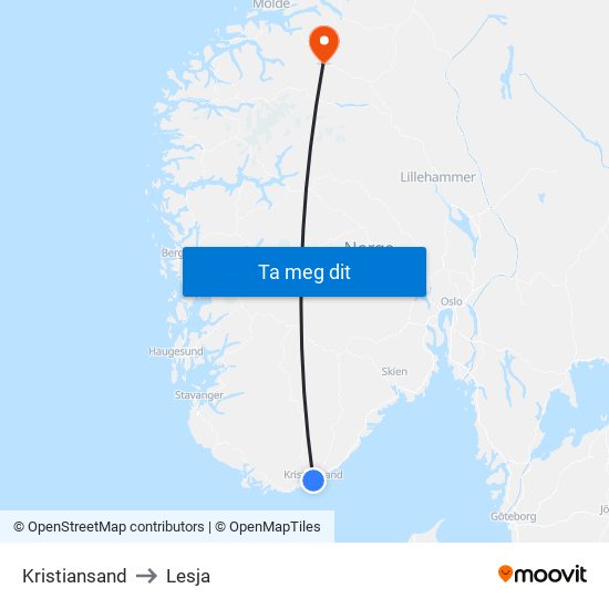 Kristiansand to Lesja map