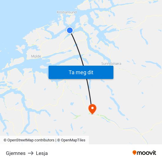 Gjemnes to Lesja map