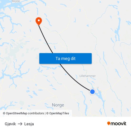 Gjøvik to Lesja map