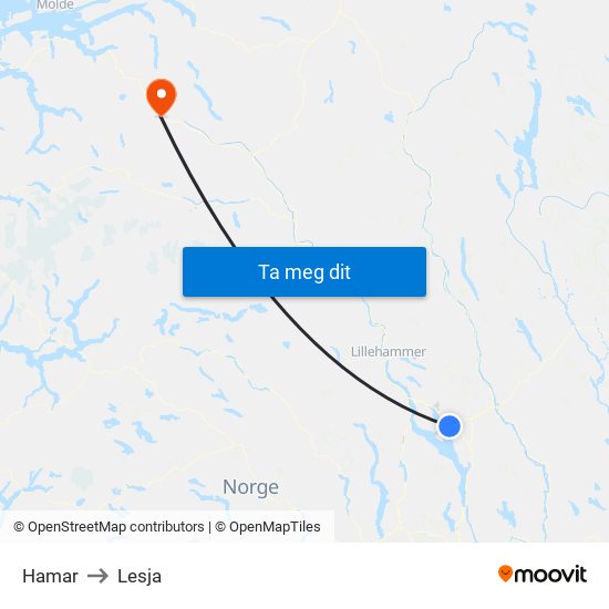 Hamar to Lesja map