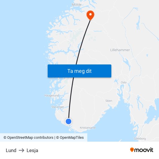 Lund to Lesja map