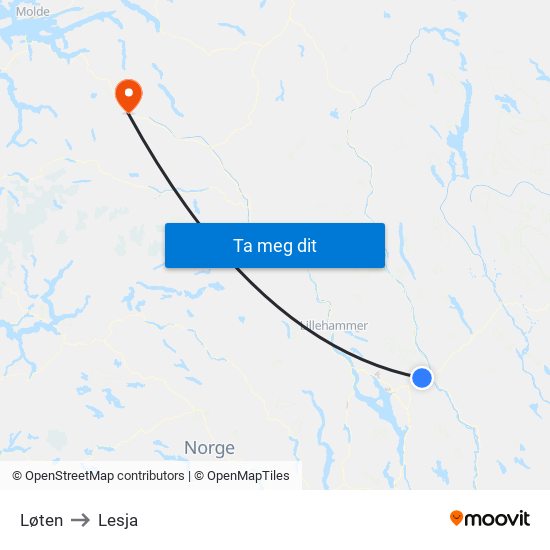 Løten to Lesja map