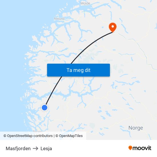Masfjorden to Lesja map