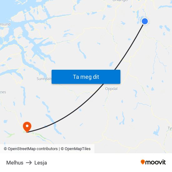 Melhus to Lesja map