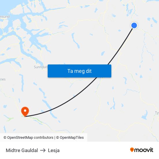 Midtre Gauldal to Lesja map