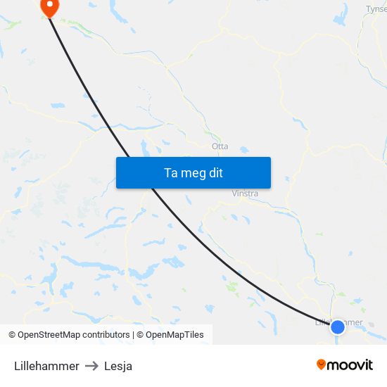 Lillehammer to Lesja map