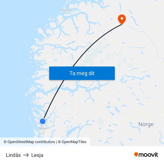 Lindås to Lesja map