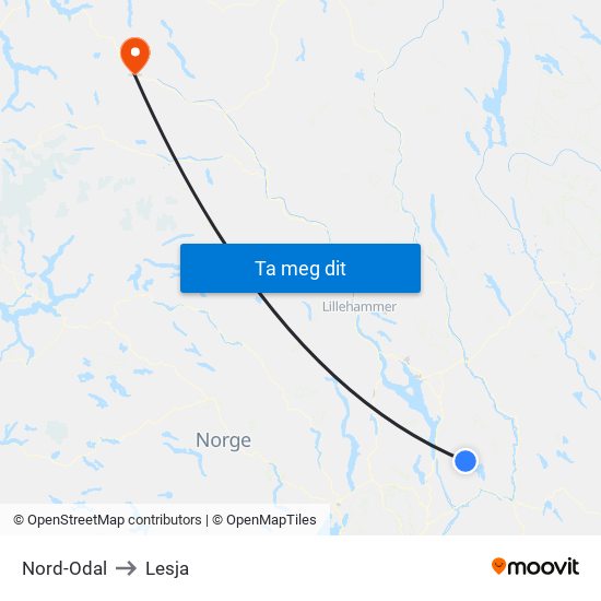 Nord-Odal to Lesja map