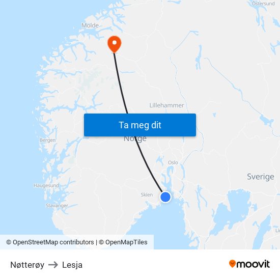 Nøtterøy to Lesja map