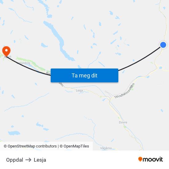 Oppdal to Lesja map