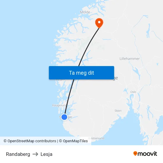 Randaberg to Lesja map