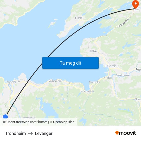 Trondheim to Levanger map