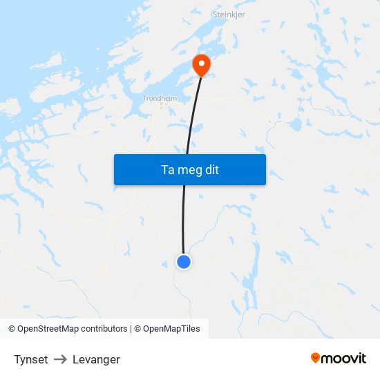 Tynset to Levanger map