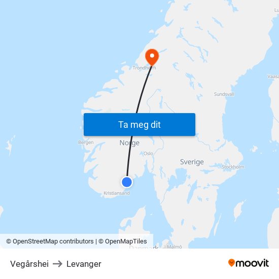 Vegårshei to Levanger map