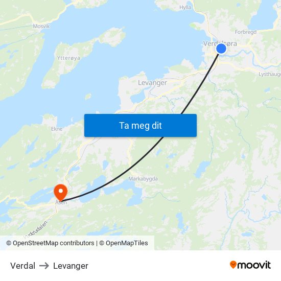 Verdal to Levanger map