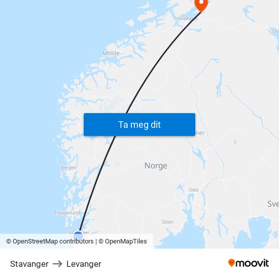 Stavanger to Levanger map