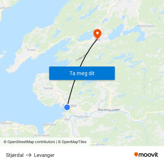 Stjørdal to Levanger map