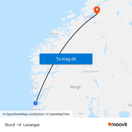 Stord to Levanger map