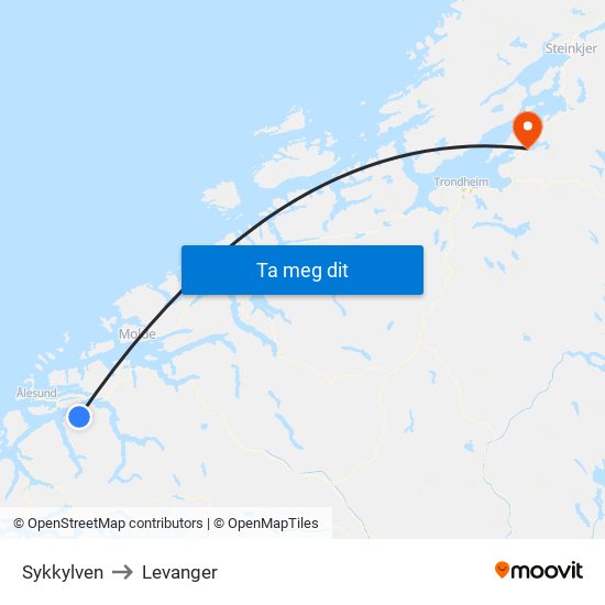 Sykkylven to Levanger map