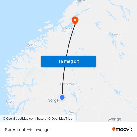 Sør-Aurdal to Levanger map