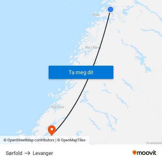 Sørfold to Levanger map