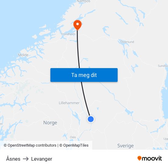 Åsnes to Levanger map