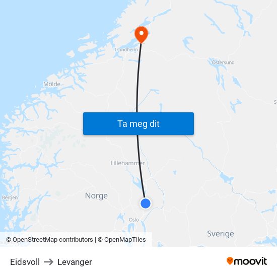 Eidsvoll to Levanger map
