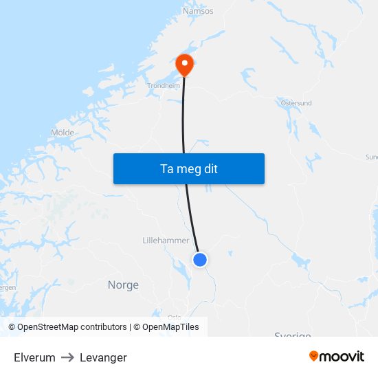 Elverum to Levanger map