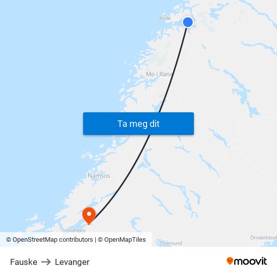 Fauske to Levanger map