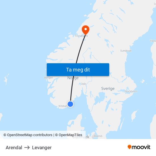 Arendal to Levanger map