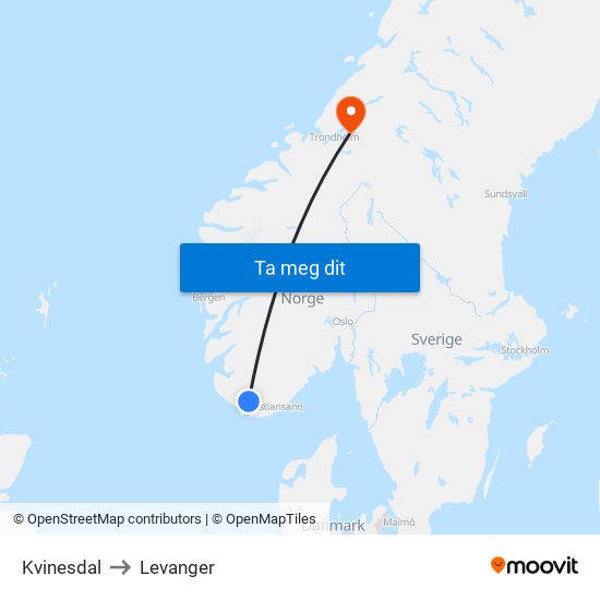 Kvinesdal to Levanger map