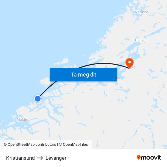 Kristiansund to Levanger map