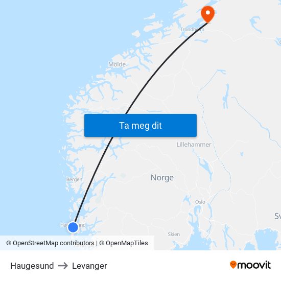 Haugesund to Levanger map