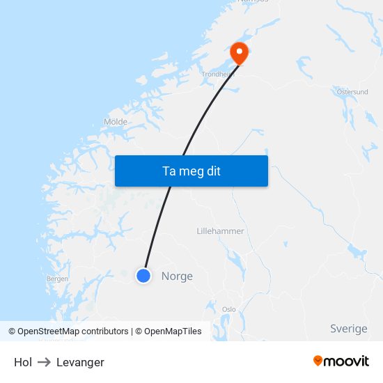 Hol to Levanger map