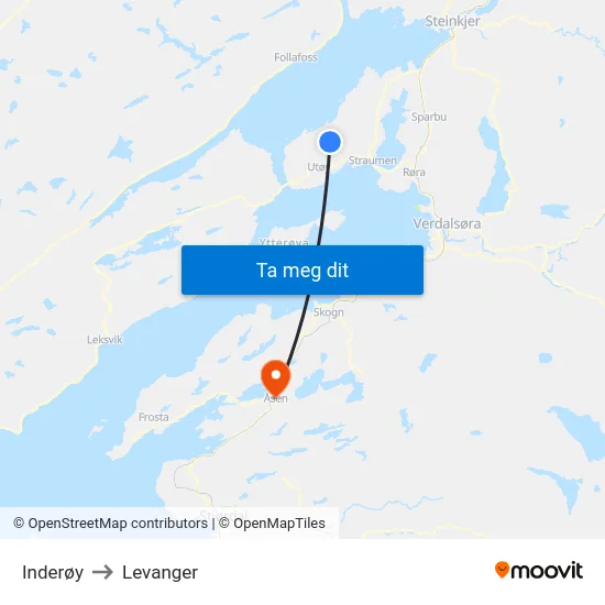 Inderøy to Levanger map