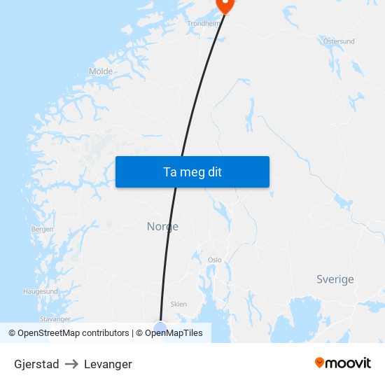 Gjerstad to Levanger map