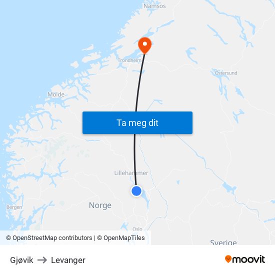 Gjøvik to Levanger map