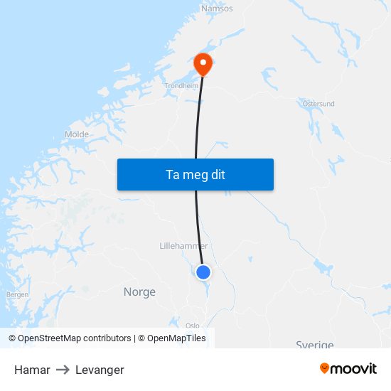 Hamar to Levanger map
