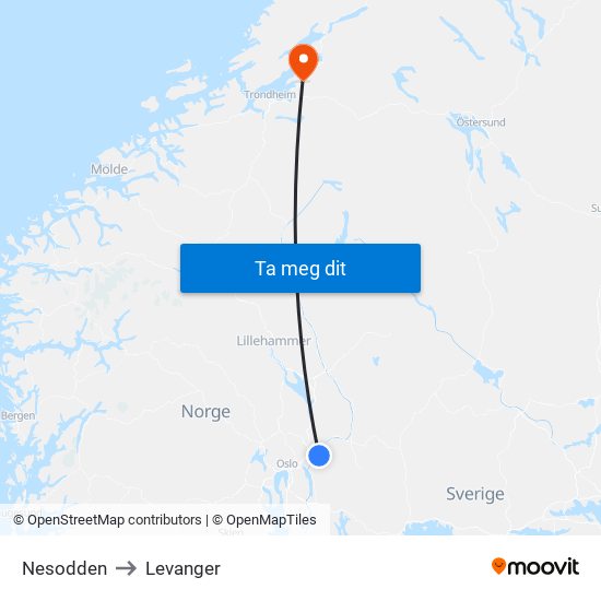 Nesodden to Levanger map
