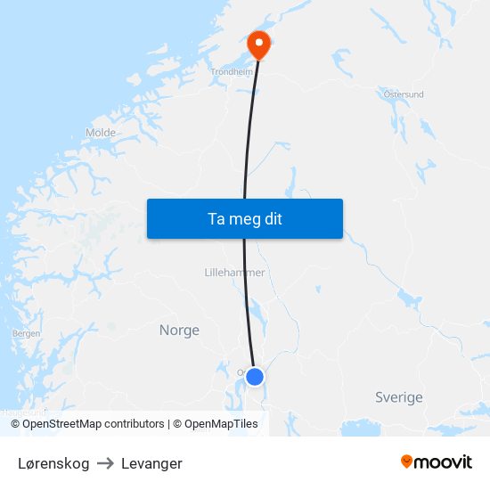 Lørenskog to Levanger map