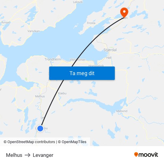Melhus to Levanger map