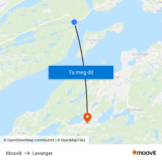 Mosvik to Levanger map