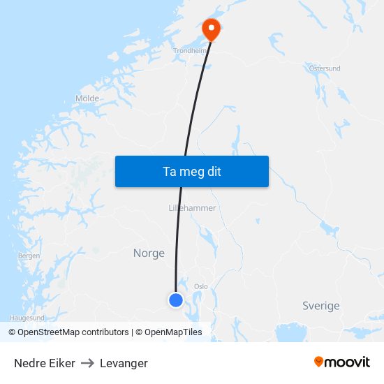 Nedre Eiker to Levanger map