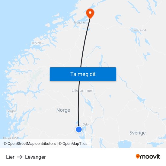 Lier to Levanger map