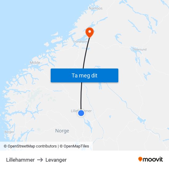 Lillehammer to Levanger map
