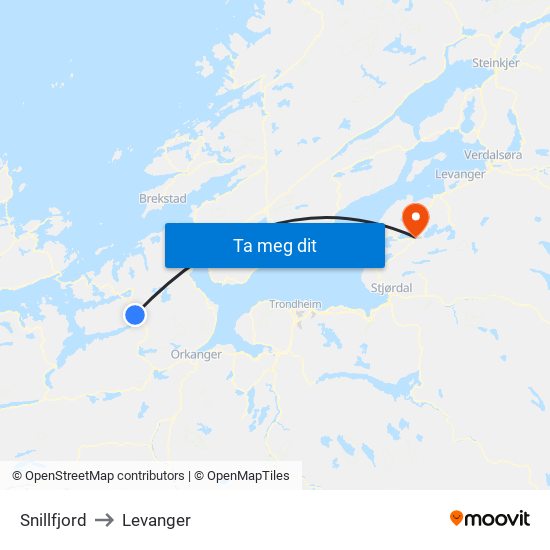 Snillfjord to Levanger map